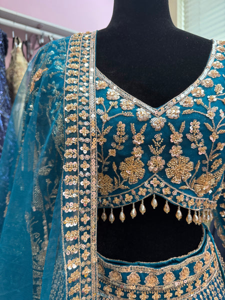 AFL2003- Teal blue Heavy lehenga with bead and sequin work. Comes with dupatta