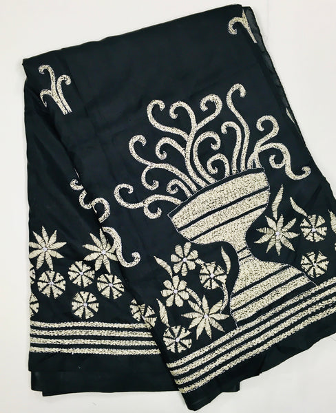 KSN223 - Pure Silk Kantha Saree in black. Comes with stitched blouse.