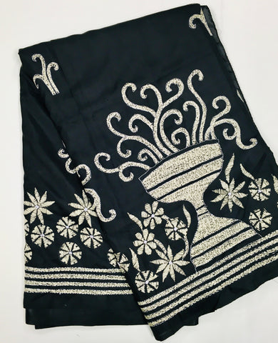 KSN223 - Pure Silk Kantha Saree in black. Comes with stitched blouse.