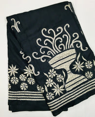 KSN223 - Pure Silk Kantha Saree in black. Comes with stitched blouse.