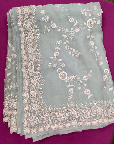 AFL3042 Partywear saree in light blue organza saree with white bead and sequin embroidery.Comes with stitched blouse size 40,can be altered to 44 size.Fall peco done.