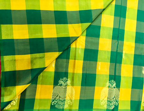 KSS427 Pure handloom kanchipuram silk Saree in green and yellow checkered with gold zari.comes with stitched blouse size 40,can be altered to 44 size.