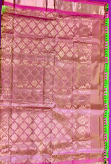 Pure kanchipuram Handloom Silk Saree in Parrot Green with Light Pink Zari border. Comess with Stitched Blouse size 38 can be altered up to 44
