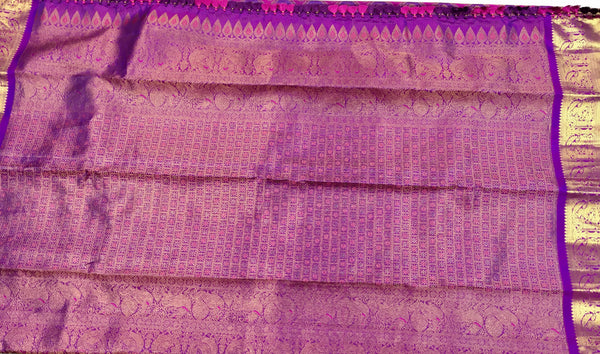 KSS503 Pure kanchipuram handloom silk Saree in pink and purple with purple color gold zari border. comes with stitched blouse size 40,can be altered to 44 size.