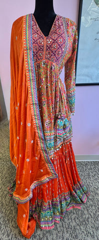 DPP005-Short orange kurti with gharara, dupatta, and potli and heavy mirror work