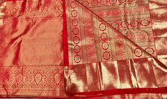 KSS517 Pure kanchipuram handloom silk Saree in orange color with gold zari border. Comes with stitched blouse size.