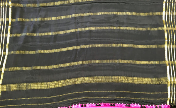 AMS1006 Pure Mysore Crepe silk Saree in pink color with  black gold zari border. Comes with unstitched blouse.
