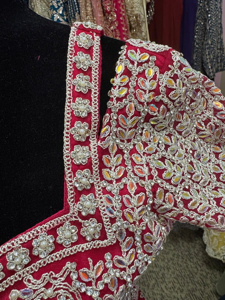 AFL2016-Pink silver heavy work lehenga with unique blouse design and dupatta