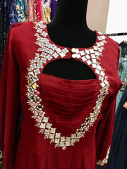 AFL2036 - Pure chiffon long gown with mirror work embroidered on the yoke. Come with pant and Banarasi dupatta.
