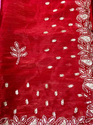 AFL3055 Partywear saree in maroon with silver embroidery.Comes with stitched blouse size 40,can be altered to 44 size.Fall peco done.