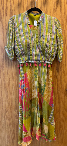 DPD008-Green blouse and sharara pants with unique stripes pattern