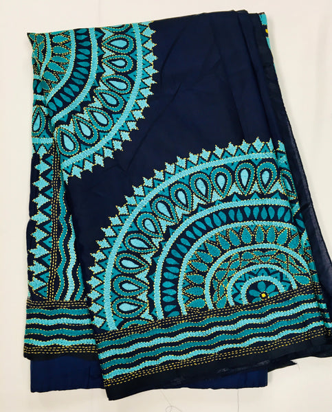KSN226 Pure Silk  Kantha Tussar Saree in blue. Comes with stitched blouse. Fall peco done.