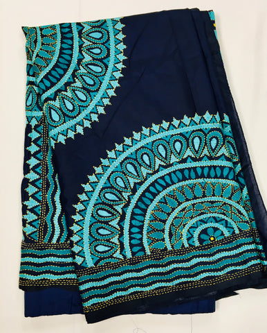 KSN226 Pure Silk  Kantha Tussar Saree in blue. Comes with stitched blouse. Fall peco done.