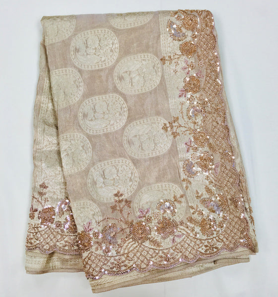 AFL8006 Pure banarasi crepe tissue saree in beige with heavy hand embroidery party wear Saree.comes with stitched blouse size 38 can be altered to 44 size.