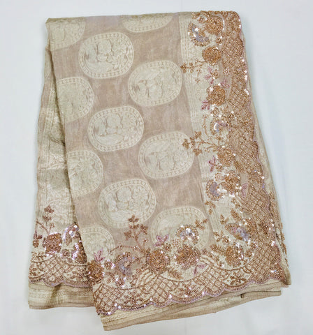AFL8006 Pure banarasi crepe tissue saree in beige with heavy hand embroidery party wear Saree.comes with stitched blouse size 38 can be altered to 44 size.
