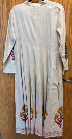 JPD014-White long dress with flower design on sleeves, neckline, and border