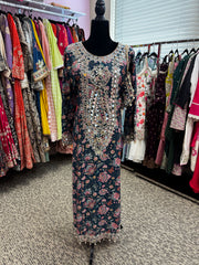 Pnk432: White, Blue, and Brown Long Kurti Gowns  and Potli