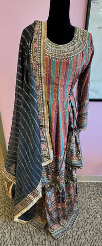 DPP009-Long colorful dress with sharara pants and dupatta and mirror work