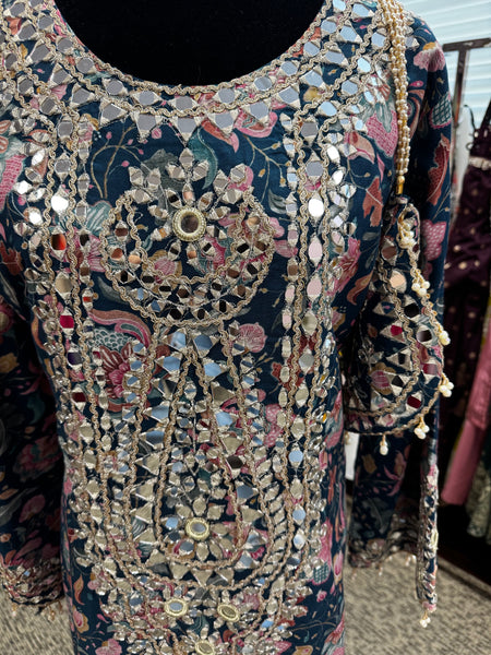 Pnk432: White, Blue, and Brown Long Kurti Gowns  and Potli