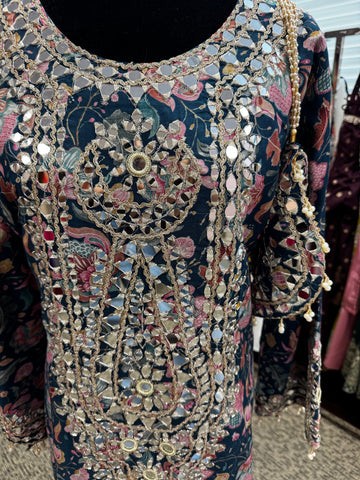 Pnk432: White, Blue, and Brown Long Kurti Gowns  and Potli