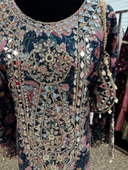Pnk432: White, Blue, and Brown Long Kurti Gowns  and Potli