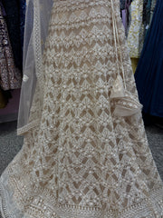 AFL2005- Beige heavy work lehenga with bead and sequin work. Comes with dupatta and belt