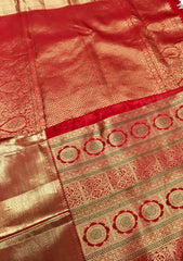 KSS517 Pure kanchipuram handloom silk Saree in orange color with gold zari border. Comes with stitched blouse size.