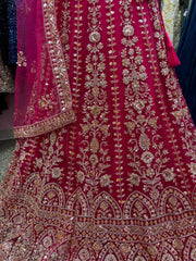 AFL2006-Dark Pink heavy lehenga with bead and sequin work. Comes with dupatta and belt