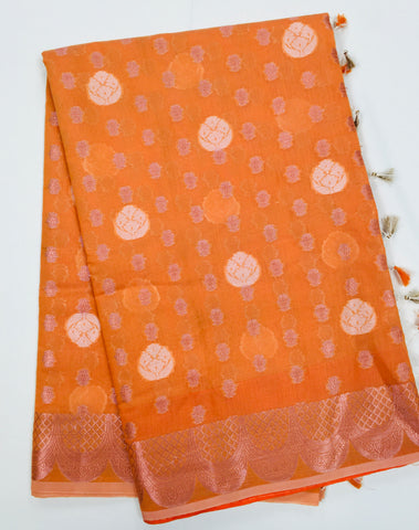 BKS134 Cotton Banarasi Saree in orang. Comes with stitched blouse size 38 can be altered to size 42. Fall peco done.