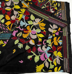 KSN204: Semi Silk Kantha Tusser Saree in black hand work design. Fall Peco done. Comes with stitched Blouse size 38 it can be altered to 44 size.