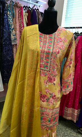 AFL2041 - Yellow flower print  suit in crepe fabric.Come with sharara pant and dupatta.