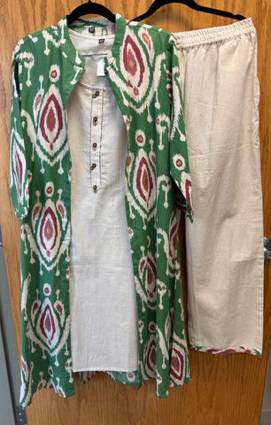 JPD026-White cotton kurti with pants and a green long jacket
