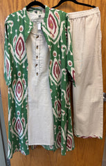 JPD026-White cotton kurti with pants and a green long jacket