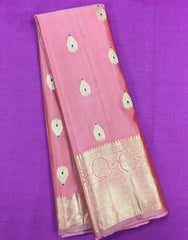 KSS435 Pure handloom kanchipuram silk Saree in peach with gold zari work. Comes with stitched blouse size 40, Can be altered to 44 size.