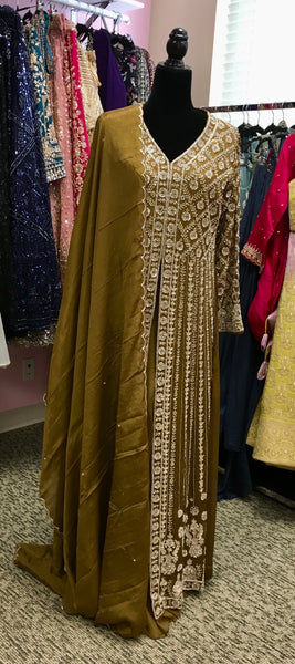 KKD015 - Heavy party wear dress with full embroidered and sequin work long gown with sharara pant and dupatta.