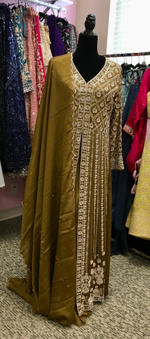 KKD015 - Heavy party wear dress with full embroidered and sequin work long gown with sharara pant and dupatta.