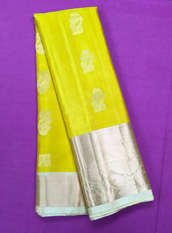 KSS461 Pure handloom kanchipuram silk Saree in yellow with white gold zari border.comes with stitched blouse size 40,can be altered to 44 size.