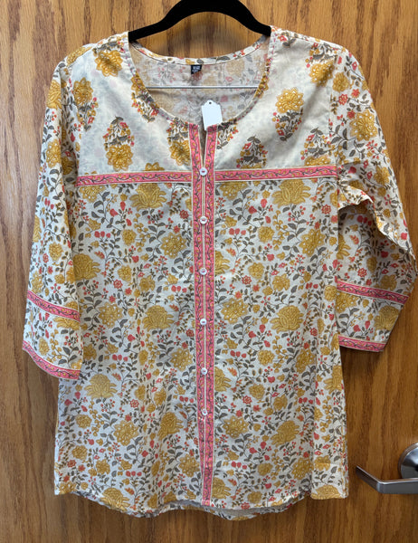 JPD005-Beige short kurti with yellow flower pattern