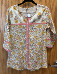 JPD005-Beige short kurti with yellow flower pattern