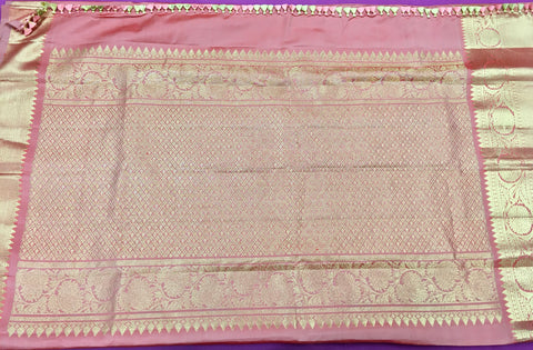 KSS435 Pure handloom kanchipuram silk Saree in peach with gold zari work.comes with stitched blouse size 40,can be altered to 44 size.