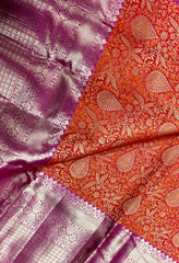 KSS432 Pure kanchipuram tissue silk Saree in orange with pink gold zari border .comes with stitched blouse size 40,can be altered to 44 size.