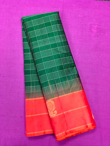 KSS401 Pure handloom kanchipuram silk Saree in green with red gold zari border.comes with stitched blouse size 40,can be altered to 44 size.
