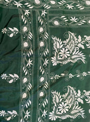 KSN201 - Semi Silk Kantha Tusser Saree in bottle green hand work design. Fall Peco done. Comes with stitched Blouse size 38 it can be altered to 44 size.