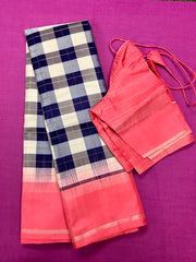 KSS408 Pure handloom kanchipuram silk Saree in blue and white with pink gold zari border.comes with stitched blouse size 40,can be altered to 44 size.