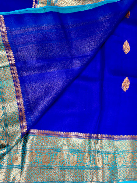 KKT107 PURE BANARASI HANDLOOM KORA SILK SAREE IN DARK BLUE WITH LIGHT BLUE ZARI BORDER AND PALLU