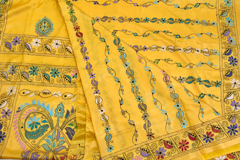 KSN203 - Semi Silk Kantha Tusser Saree in yellow hand work design. Fall Peco done. Comes with stitched Blouse size 38 it can be altered to 44 size.