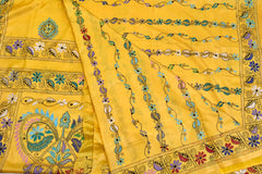 KSN203 - Semi Silk Kantha Tusser Saree in yellow hand work design. Fall Peco done. Comes with stitched Blouse size 38 it can be altered to 44 size.