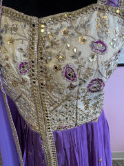 DPP003-Purple long slit in middle gown with pants and dupatta and golden mirror work