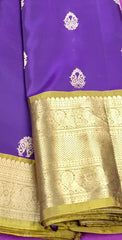 KSS421 Pure kanchipuram silk Saree in purple and green Zari border.comes with stitched blouse size 40,can be altered to 44 size.Fall peco done.