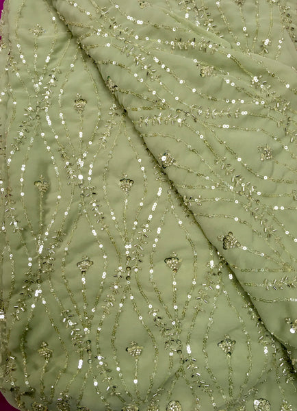AFL3064 Partywear georgette saree in light green with silver sequin and bead embroidery work.Comes with stitched blouse size 40,can be altered to 44 size.Fall peco done.